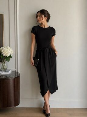 Lipsy little black midi  Dress with tie waist size 6